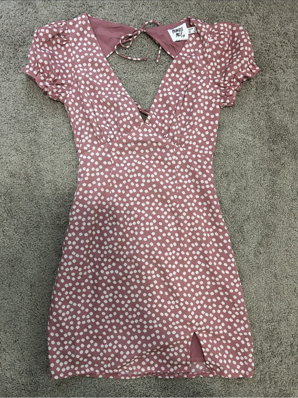 Princess Polly Dusty Pink Floral V-Neck Tie-Back Mini Dress